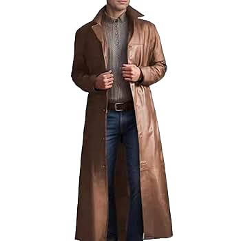 Maiyifu-GJ Men's Leather Trench Coat Full Length Vintage